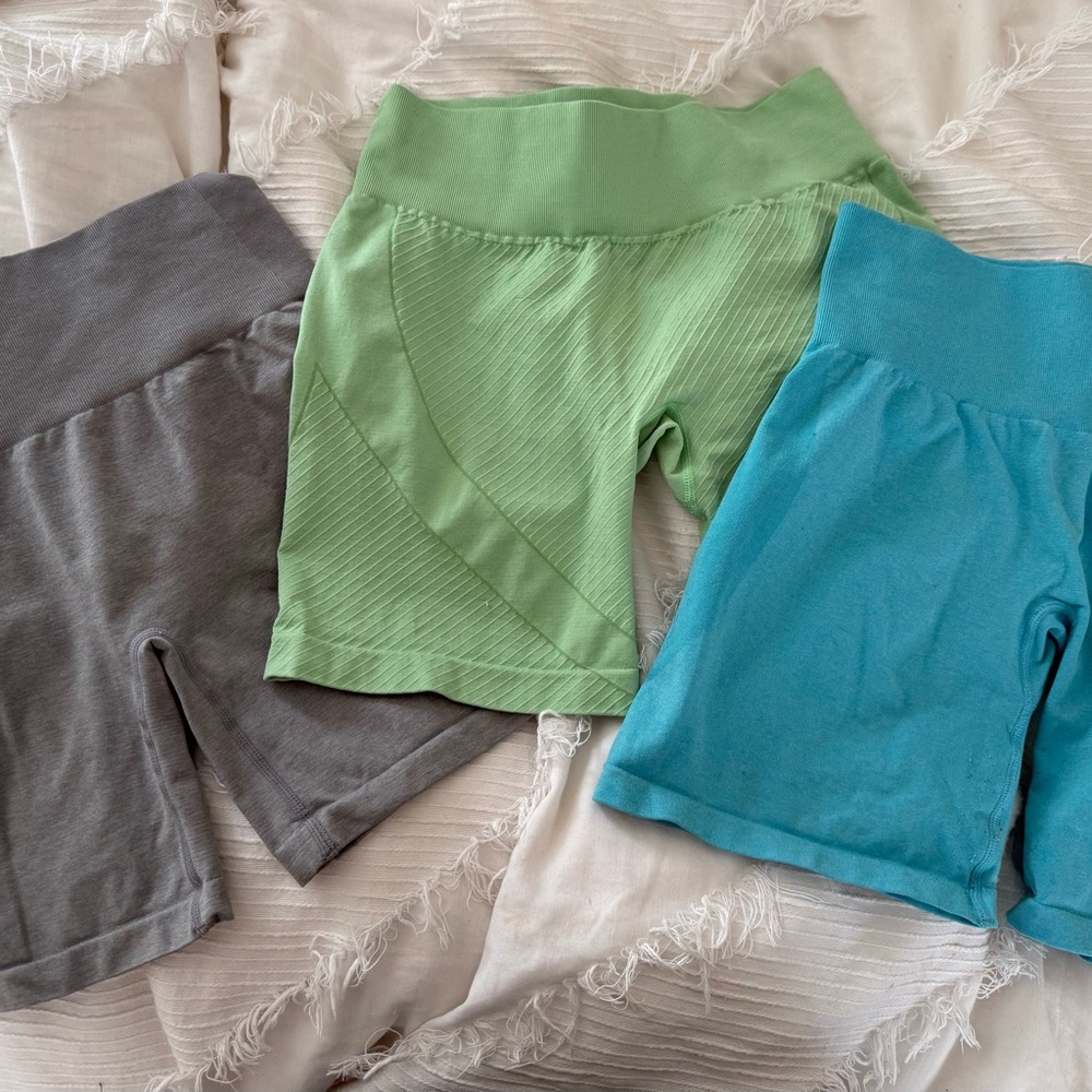 NVGTN Women Athletic Shorts Trio in Gray, Mint Green, and Teal
